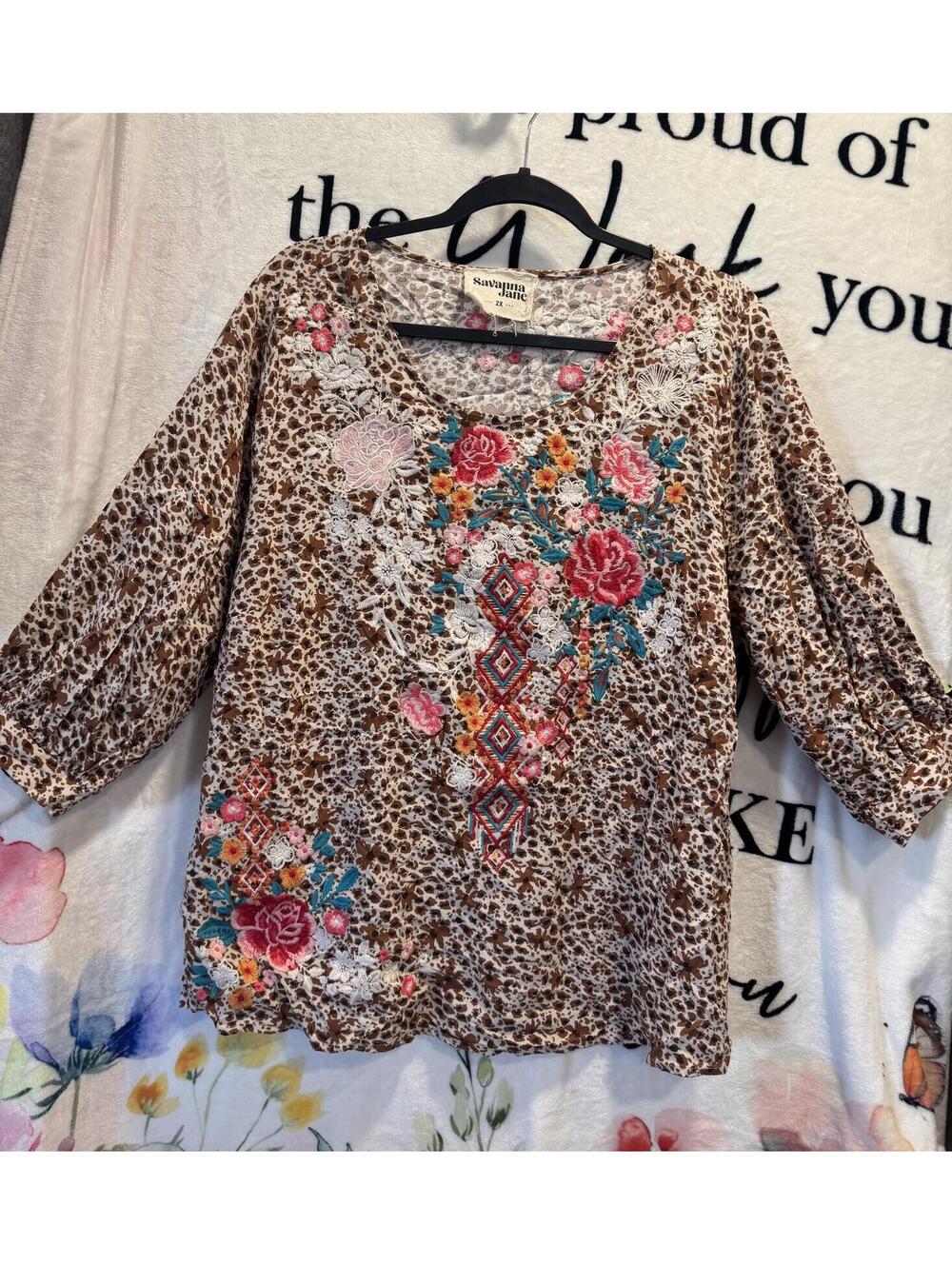 Savanna Jane Plus Size Top Size  2X Leopard Print with Floral Embroidery
